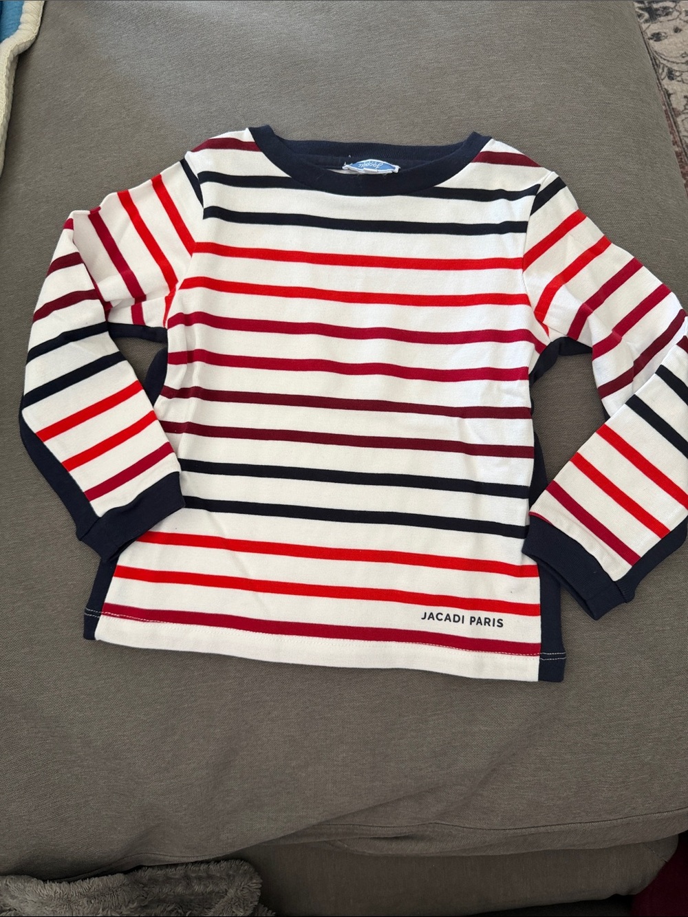 Jacadi 4A White Tee with Red and Navy Stripes - Long Sleeve